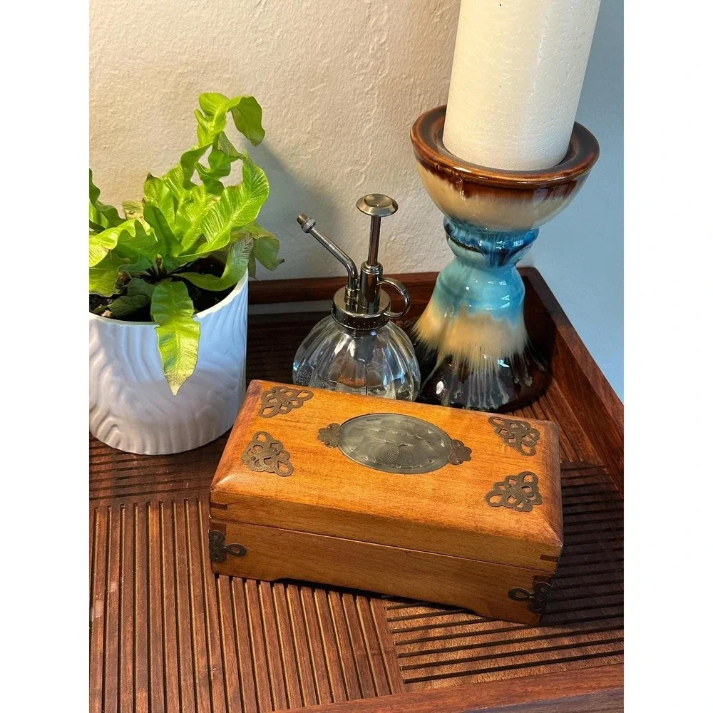 Vintage Wooden Jewelry Box Carved Stone Medallion  Keepsake Storage